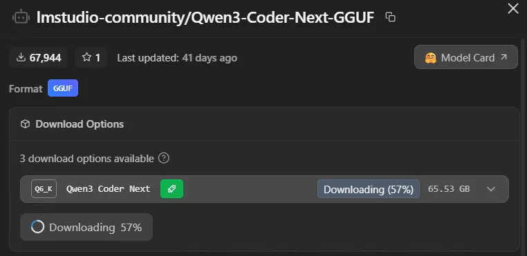 LM Studio download options for a GGUF model, showing the Q6_K quantisation at 65.53GB with a green icon indicating it fits on the GPU