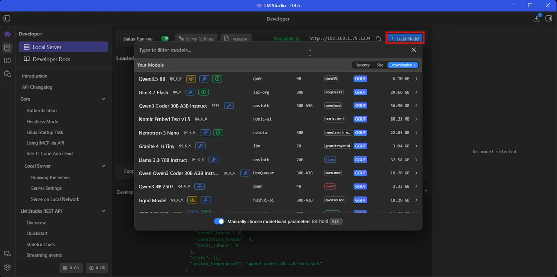 LM Studio model list with the manually choose model load parameters toggle switched on
